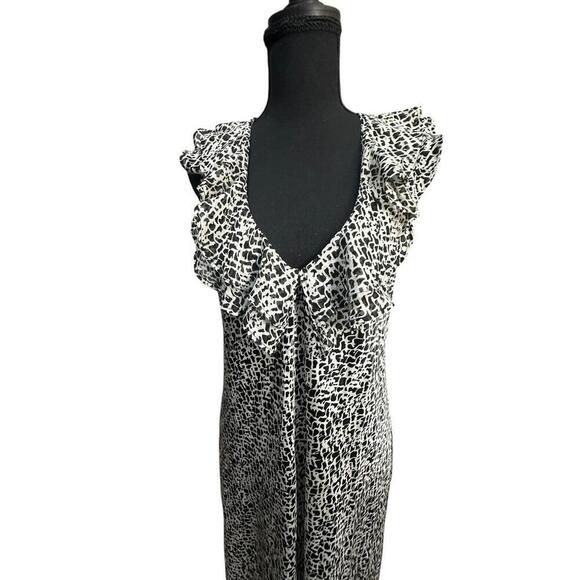 Oscar de la Renta Black White Long Silky Dress Size M Ruffled Feminine Cocktail - Picture 2 of 6